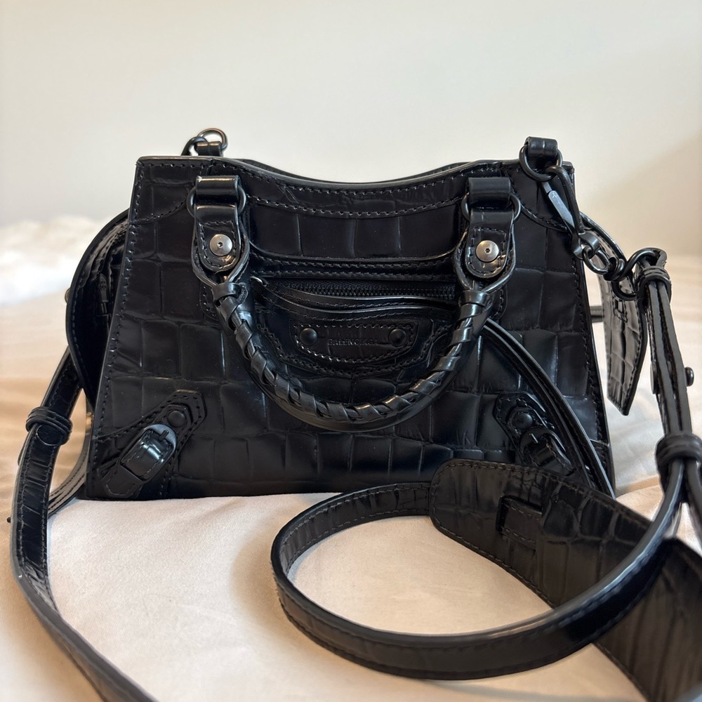 Balenciaga Black Croc-Embossed City Crossbody Bag- Mini